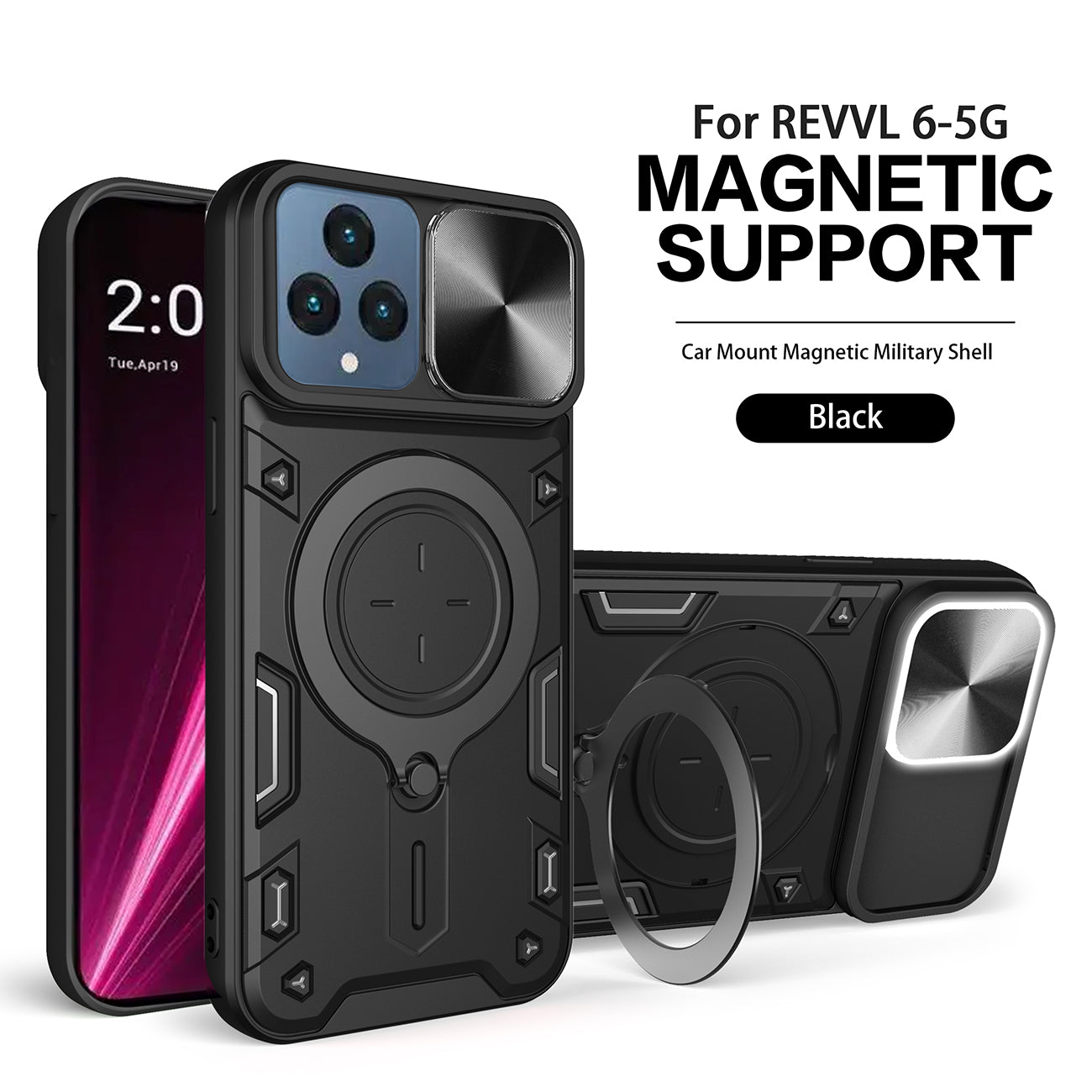 TPU PC Shockproof Magnetic Phone Case with Free Adjustment Ring Holder for REVVL 6 5G in Black